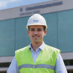 A professional civil engineer standing in front of a building with a visible name displayed.