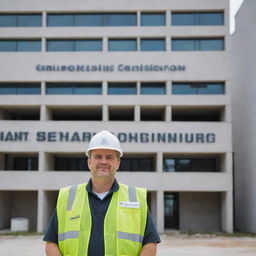 A professional civil engineer standing in front of a building with a visible name displayed.