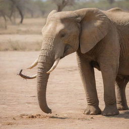 A large elephant in its natural habitat, carefully using its trunk to pick up and eat a small scorpion.