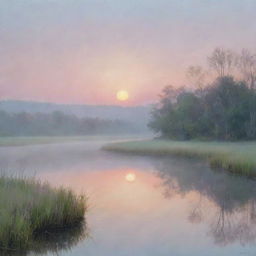 A serene nature scene with a pastel sunrise, softly painting the landscape in subtle hues of dawn.