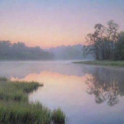 A serene nature scene with a pastel sunrise, softly painting the landscape in subtle hues of dawn.