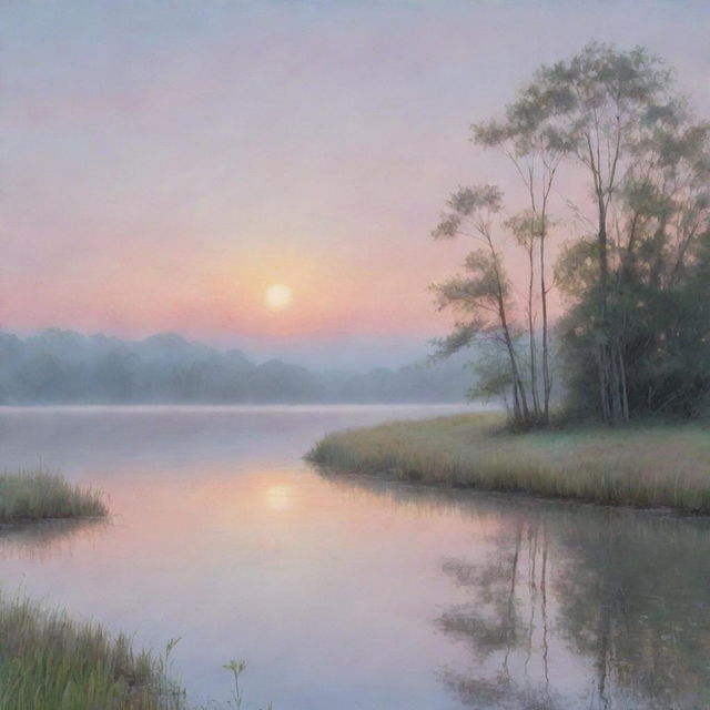 A serene nature scene with a pastel sunrise, softly painting the landscape in subtle hues of dawn.