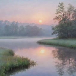 A serene nature scene with a pastel sunrise, softly painting the landscape in subtle hues of dawn.