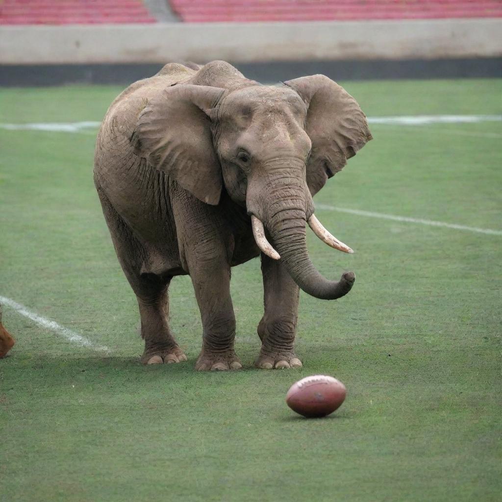 An angry elephant in the middle of a football field, forcefully stamping on a large scorpion.