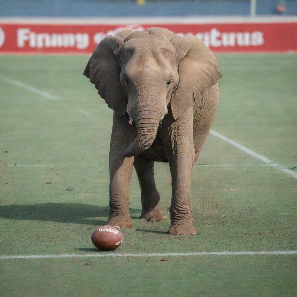 An angry elephant in the middle of a football field, forcefully stamping on a large scorpion.