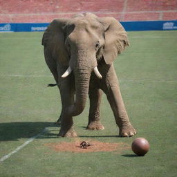 An angry elephant in the middle of a football field, forcefully stamping on a large scorpion.