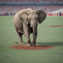 An angry elephant in the middle of a football field, forcefully stamping on a large scorpion.