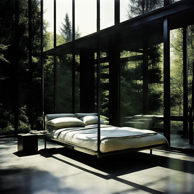 A high-definition, monochrome image of a Mies Van Der Rohe-inspired bedroom within a glass house, filled with natural light and furnished with linen and sleek metal pieces. Captured by architectural photographer Simon Devitt.