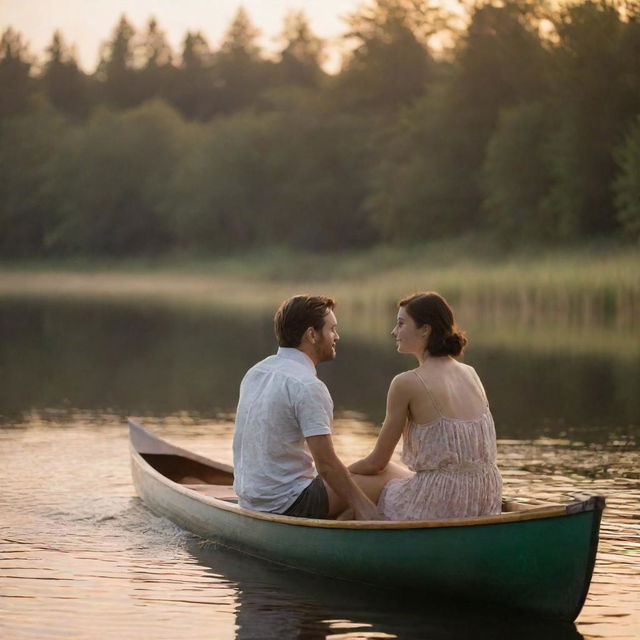 A romantic scene of a man and a woman sitting on a canoe, bathed in soft, evening light.