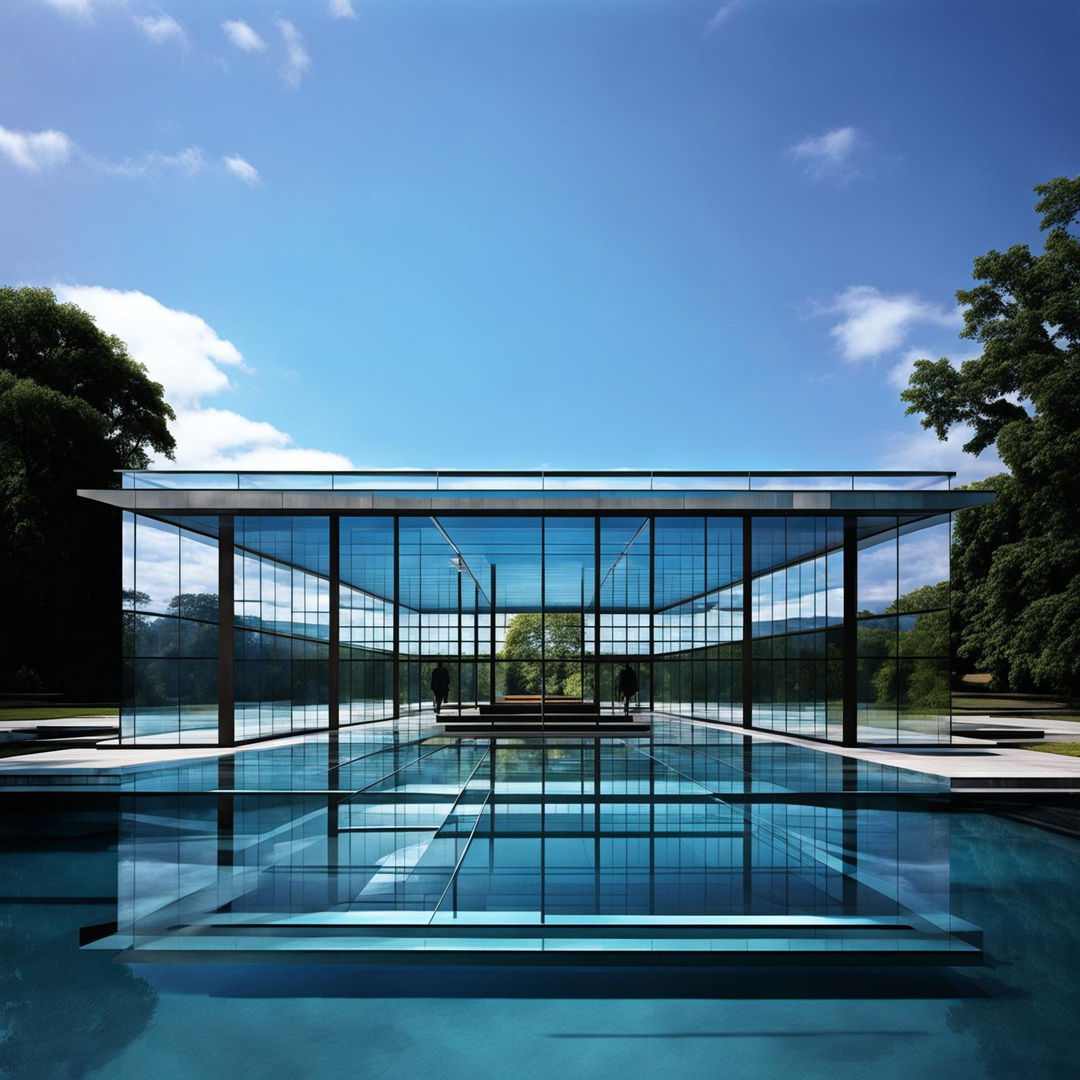 A 32k HD image of a Mies Van Der Rohe-inspired architectural pavilion, featuring intricate detailing, extensive use of glass and steel, and set against a clear blue sky.