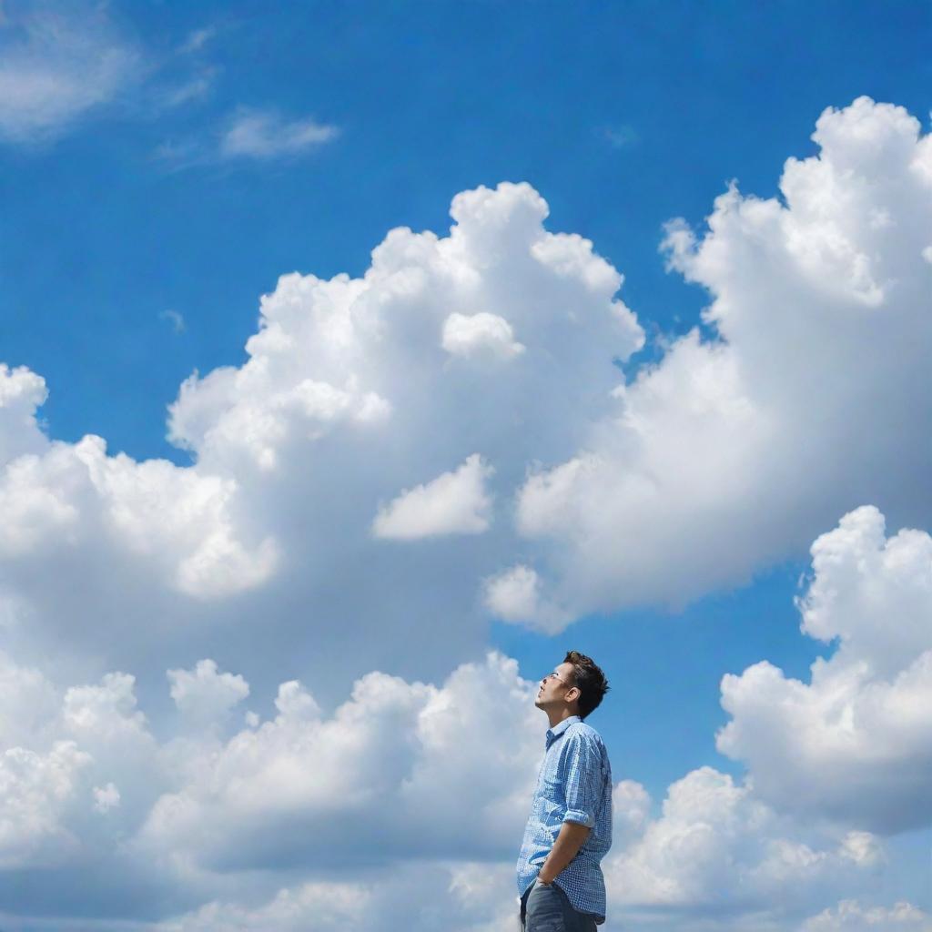 An image of a man in casual clothing, staring upwards towards a vast sky filled with fluffy white clouds and brilliant blue hues.