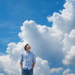 An image of a man in casual clothing, staring upwards towards a vast sky filled with fluffy white clouds and brilliant blue hues.