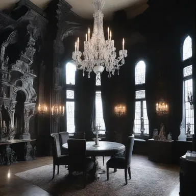 The room was decorated with Gothic-inspired elements, including gargoyles and a large chandelier that resembled a shriek frozen in motion.