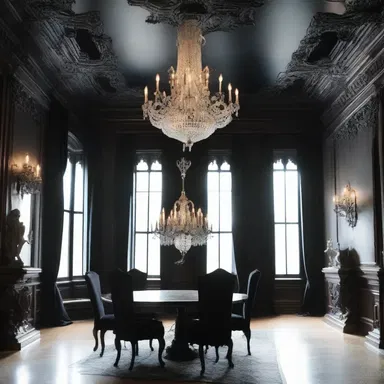 The room was decorated with Gothic-inspired elements, including gargoyles and a large chandelier that resembled a shriek frozen in motion.