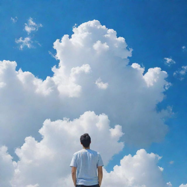 An image of a man in casual clothing, staring upwards towards a vast sky filled with fluffy white clouds and brilliant blue hues.