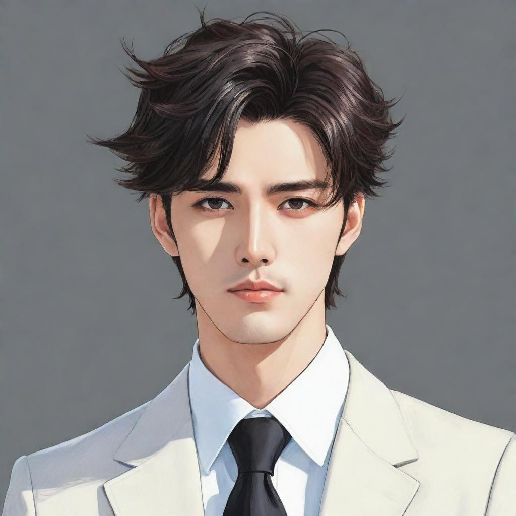 A high resolution manhwa style illustration of a handsome man with striking features, stylish hair, stylishly dressed, radiating with charisma.