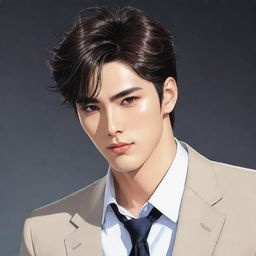 A high resolution manhwa style illustration of a handsome man with striking features, stylish hair, stylishly dressed, radiating with charisma.