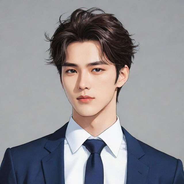 A high resolution manhwa style illustration of a handsome man with striking features, stylish hair, stylishly dressed, radiating with charisma.