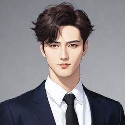 A high resolution manhwa style illustration of a handsome man with striking features, stylish hair, stylishly dressed, radiating with charisma.