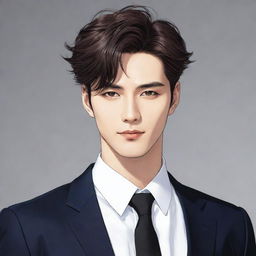 A high resolution manhwa style illustration of a handsome man with striking features, stylish hair, stylishly dressed, radiating with charisma.