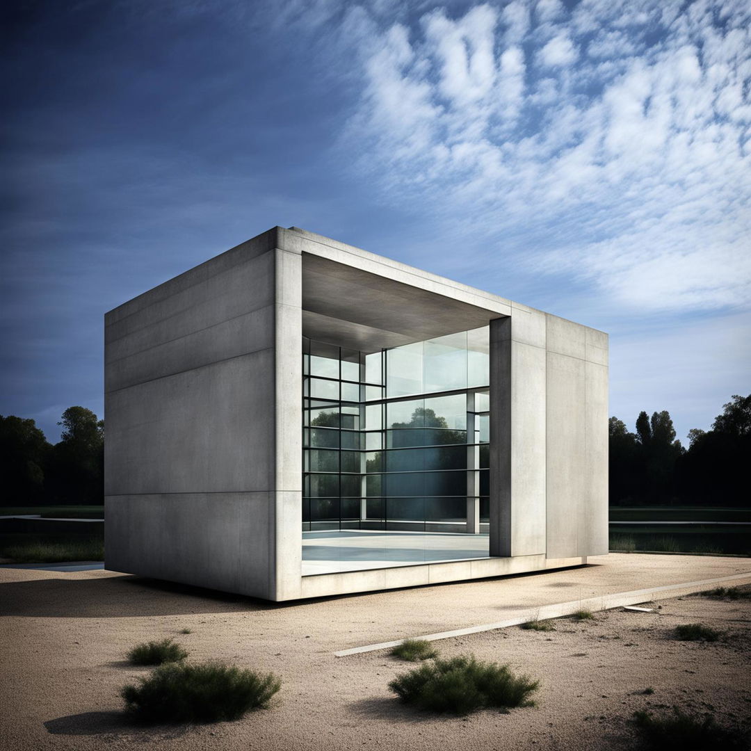 A 32k HD image of a Mies Van Der Rohe-inspired architectural pavilion, constructed from concrete and glass, featuring intricate detailing and set against a clear blue sky.