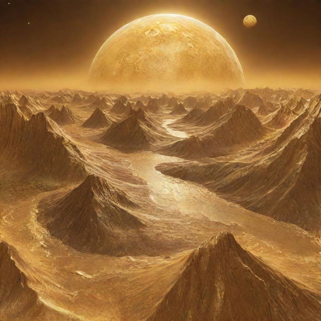 A planetary depiction of a world entirely made of glittering gold, with golden mountains, golden oceans, and a golden sky