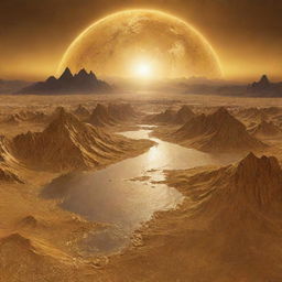 A planetary depiction of a world entirely made of glittering gold, with golden mountains, golden oceans, and a golden sky