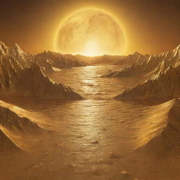 A planetary depiction of a world entirely made of glittering gold, with golden mountains, golden oceans, and a golden sky