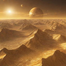 A planetary depiction of a world entirely made of glittering gold, with golden mountains, golden oceans, and a golden sky