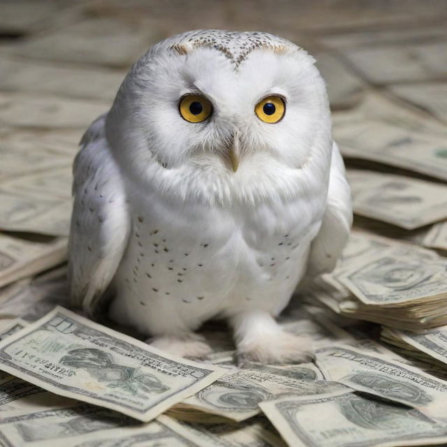 A majestic white owl with piercing eyes is seen curiously nibbling on a pile of crisp dollar bills