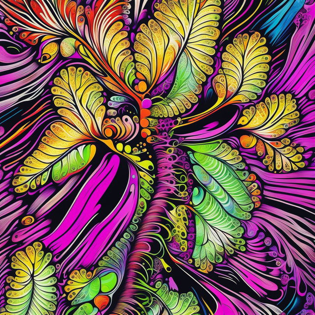 A vibrant pop art painting showcasing intricate fractal geometry in bold, contrasting colors.