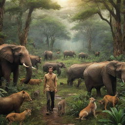 A vivid wilderness teeming with a rich variety of animals, surrounding a single human being in harmony