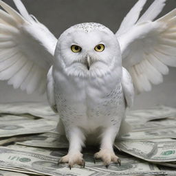 A striking image of a pure white owl clutching dollar bills in its talons.