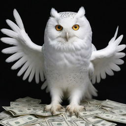 A striking image of a pure white owl clutching dollar bills in its talons.