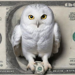 A striking image of a pure white owl clutching dollar bills in its talons.