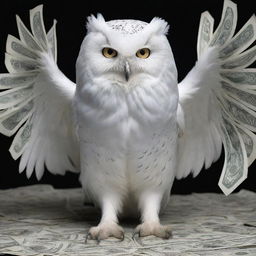 A striking image of a pure white owl clutching dollar bills in its talons.