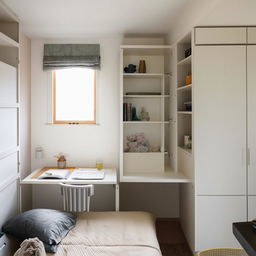 A cozy room interior with a window in the front wall, an adjoining sitting area with cupboards, a well-organized study space, and a single bed.