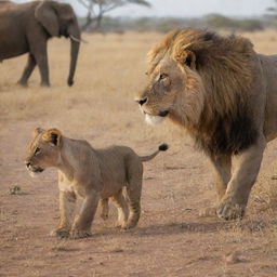 Reimagine the vivid wilderness scene, this time with a larger presence of mighty lions and fewer elephants in the mix, maintaining human in harmony