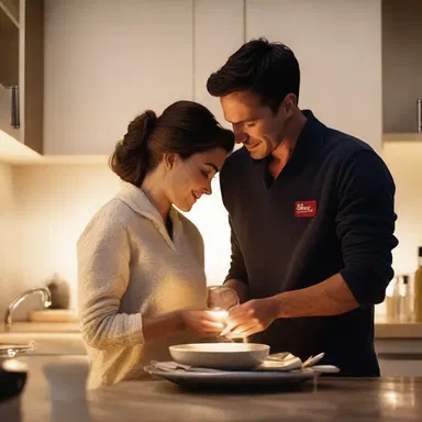 They shared a romantic moment while scrubbing the dishes together in the candlelight.