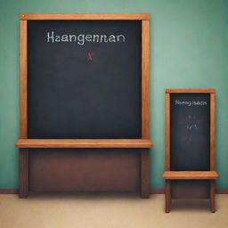 Design a clean and user-friendly interface for a Hangman browser game with striking visual elements like a virtual chalkboard, colorful buttons, and an animated hangman figure.