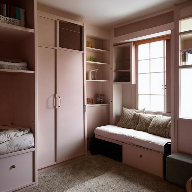 A cozy room interior with a window in the front wall, an adjoining sitting area with cupboards, a well-organized study space, and a single bed.