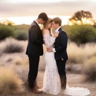As the sun set behind the scrub, the couple shared a romantic moment, embracing each other in the midst of nature's beauty.