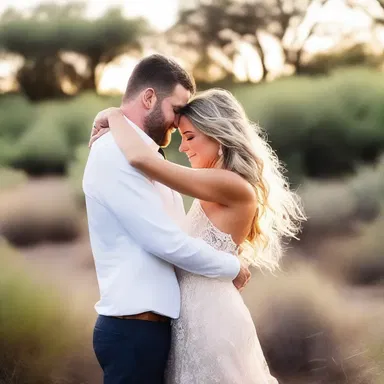 As the sun set behind the scrub, the couple shared a romantic moment, embracing each other in the midst of nature's beauty.