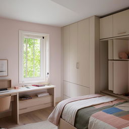 A cozy room interior with a window in the front wall, an adjoining sitting area with cupboards, a well-organized study space, and a single bed.