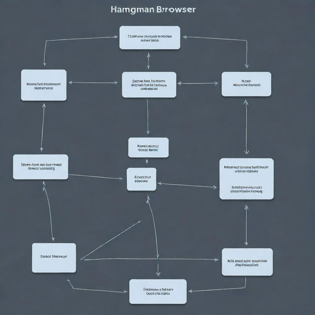 Data flow diagram depicting the structure, functions, and relations of a Hangman browser game which includes user inputs, system responses, server interactions, and game logic.