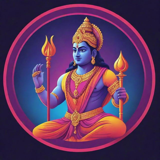 Design an animated logo featuring Lord Ram in vibrant and royal tones, ensuring a grandeur yet aesthetic harmony. Render it in playful, modern art style while respecting his religious significance.