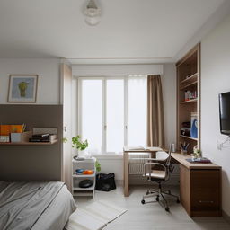 A cozy room interior with a window in the front wall, an adjoining sitting area with cupboards, a well-organized study space, and a single bed.