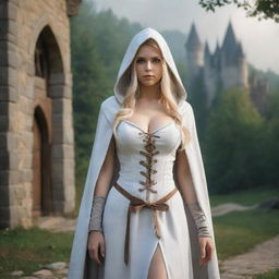 medieval hooded beatifull, bigb boobs, sexy full body, blonde elf girl, 23 years old, front with arrob and bow in hand, front with castle and forest background charmOfTheRealm, realistic hd, high detailed,