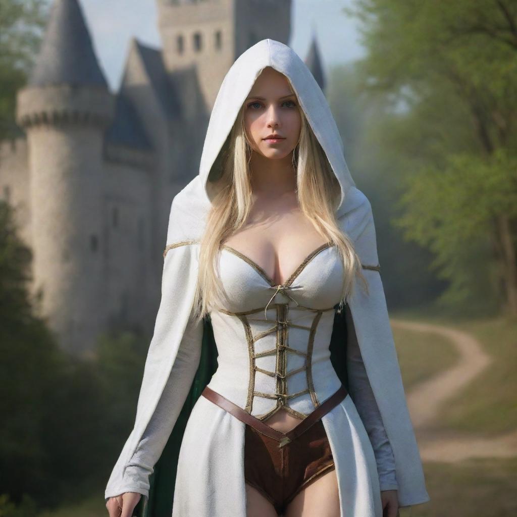 medieval hooded beatifull, bigb boobs, sexy full body, blonde elf girl, 23 years old, front with arrob and bow in hand, front with castle and forest background charmOfTheRealm, realistic hd, high detailed,