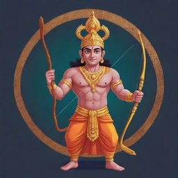 An animated illustration of Lord Ram suitable for a t-shirt design, emphasizing details in his outfit, bow and arrows